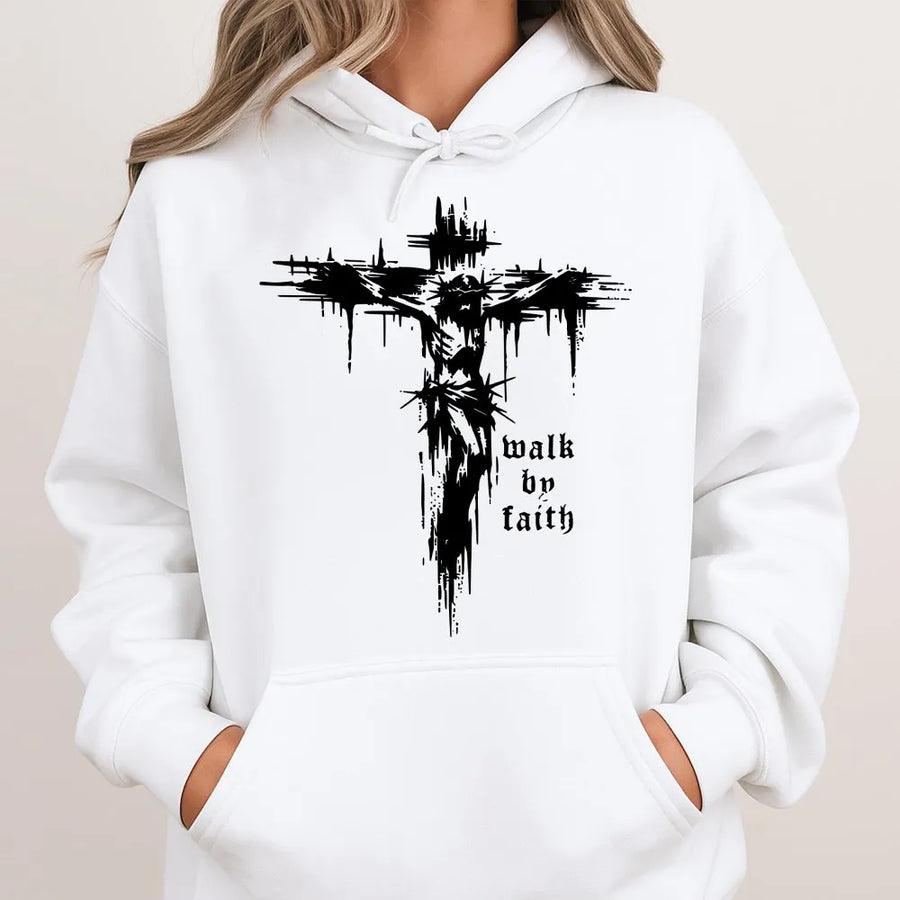 Christian Cross Hoodie | Walk by Faith Grunge Graphic Sweatshirt | Premium Cotton-Blend | Religious Gift for Men and Women