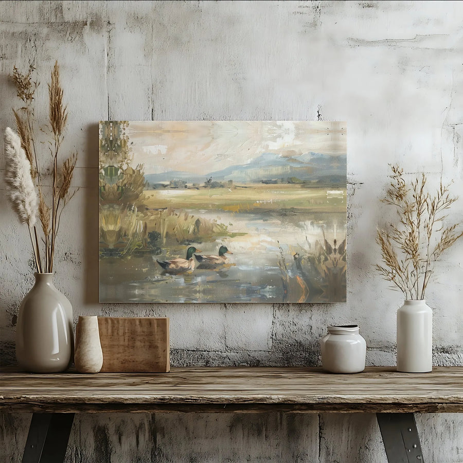 Mallard Duck Canvas Wall Art | Impressionist Pond Landscape Painting | Premium Gallery Wrapped Decor | Nature Lover Gift for Home Office