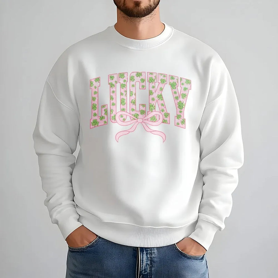 Lucky St. Patrick's Day Sweatshirt | Varsity Letter Shamrock Bow Graphic | Premium Cotton Blend | Cute Aesthetic Gift for Her Women