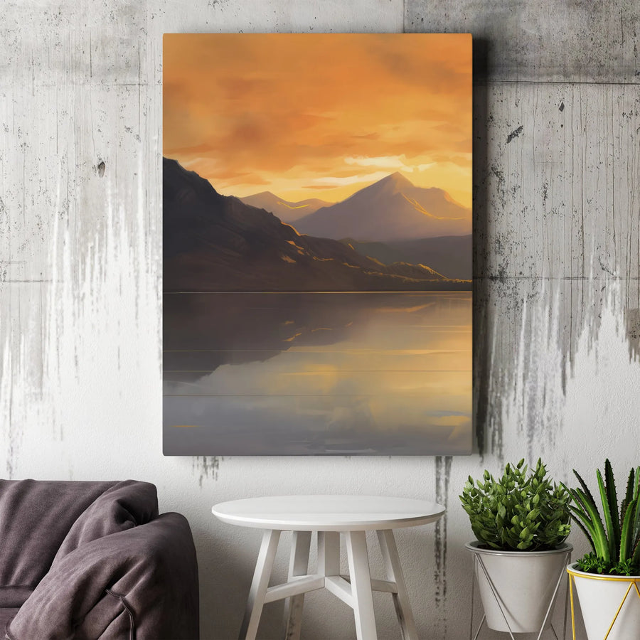Abstract Mountain Landscape Vertical Canvas | Golden Sunset Lake Reflection | Premium Gallery Print | Modern Home Decor Gift