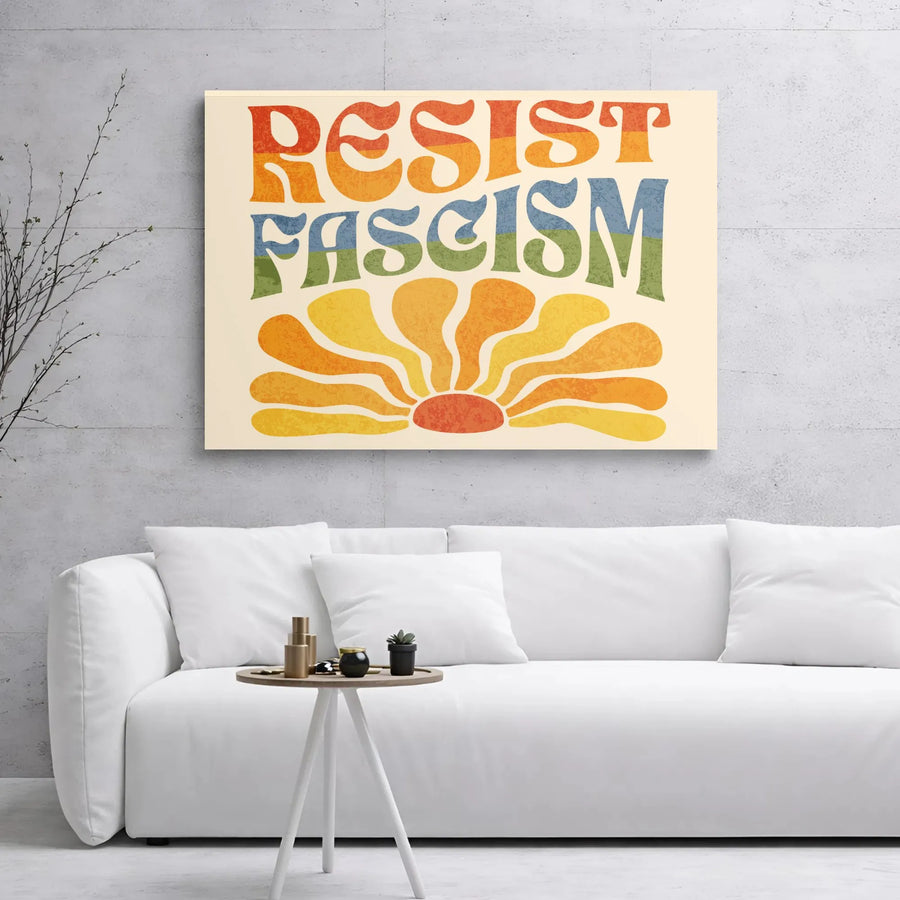 Resist Fascism Canvas Wall Art | Retro 70s Sun Graphic Print | Premium Gallery Wrap Wooden Frame | Protest Decor Gift