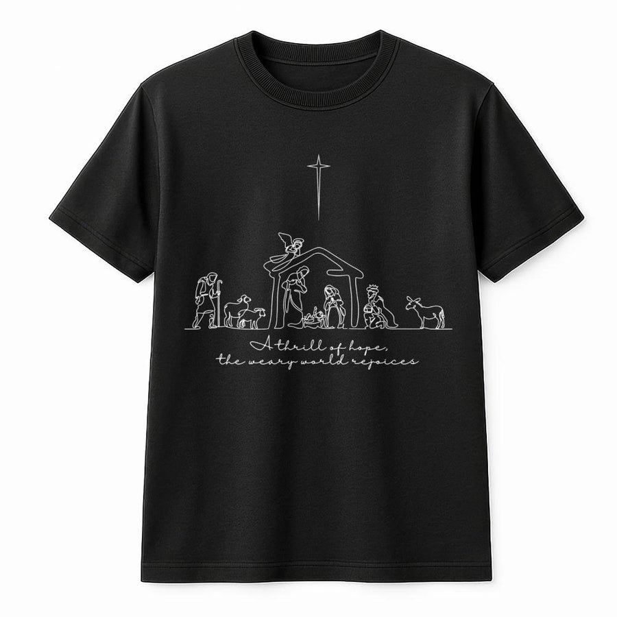 Nativity Scene T-Shirt | A Thrill Of Hope Christian Christmas Graphic Tee | Premium 100% Cotton | Religious Holiday Gift For Men And Women