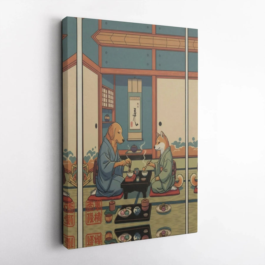 Dog Tea Ceremony Canvas Wall Art | Japanese Ukiyo-E Golden Retriever Shiba Inu Print | Premium Gallery Wrap Decor | Unique Gift for Dog Lovers