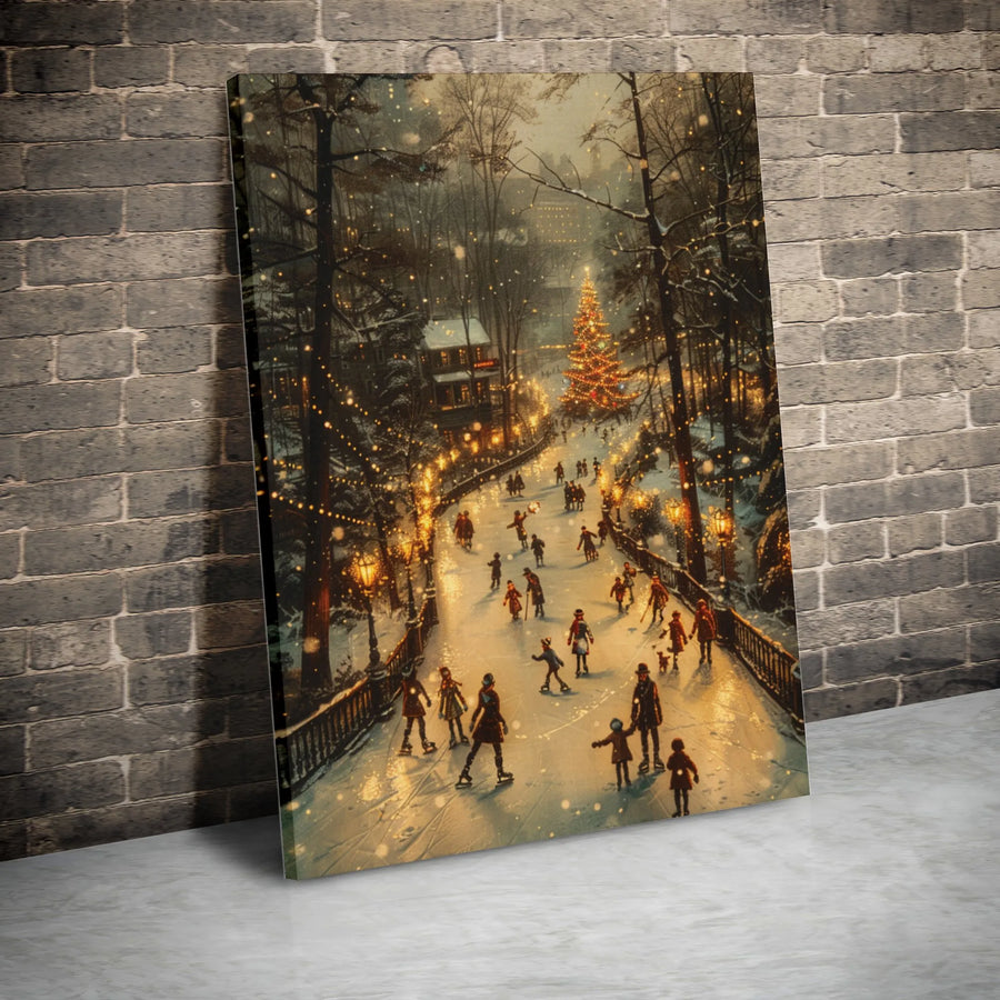 Winter Ice Skating Canvas Wall Art | Festive Christmas Tree Village Scene | 1.25 Inch Premium Gallery Wrap | Holiday Home Decor Gift