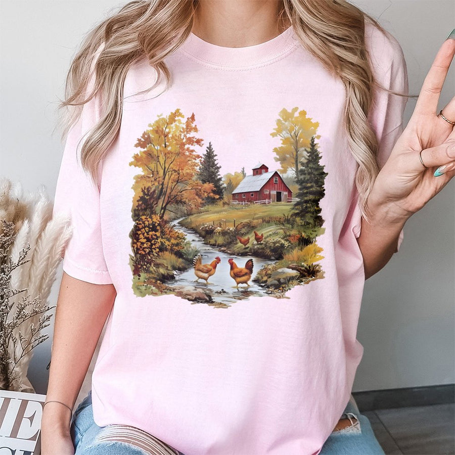 Chicken Farm T-Shirt | Watercolor Red Barn & Creek Landscape | 100% Cotton Premium Tee | Vintage Fall Nature Gift for Homesteading Lovers