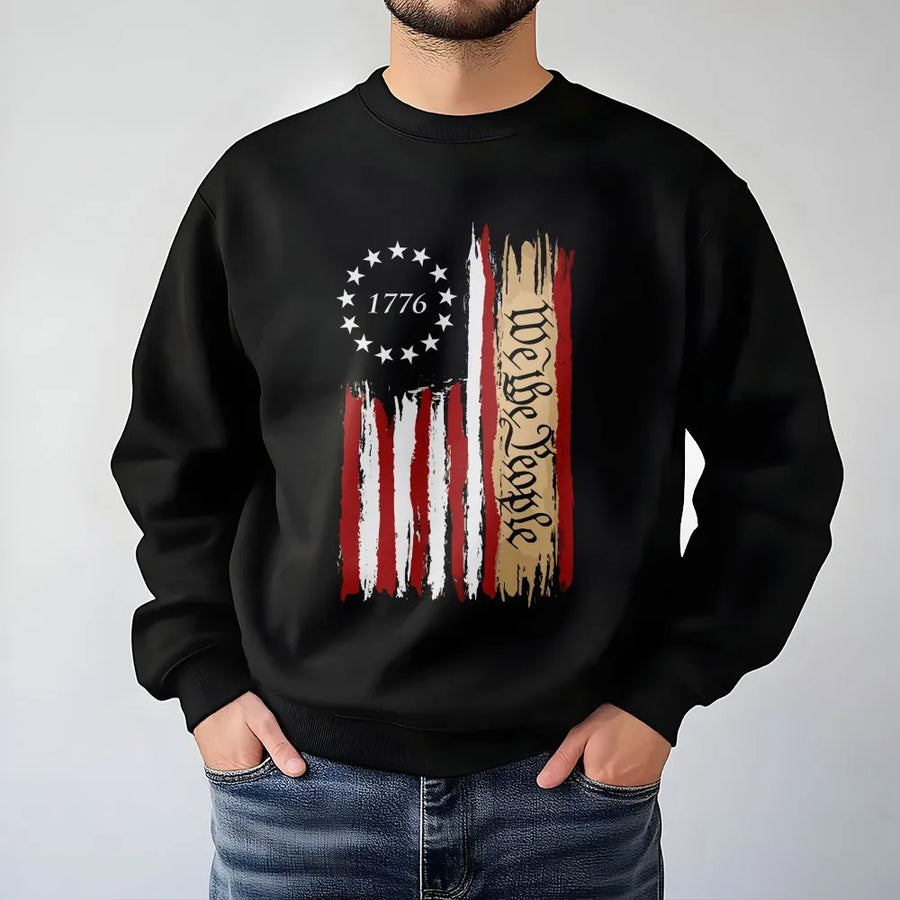 We The People 1776 Patriotic Sweatshirt | Distressed USA Flag Graphic | Premium Cotton Blend | Gift for Him, Veteran or History Lover