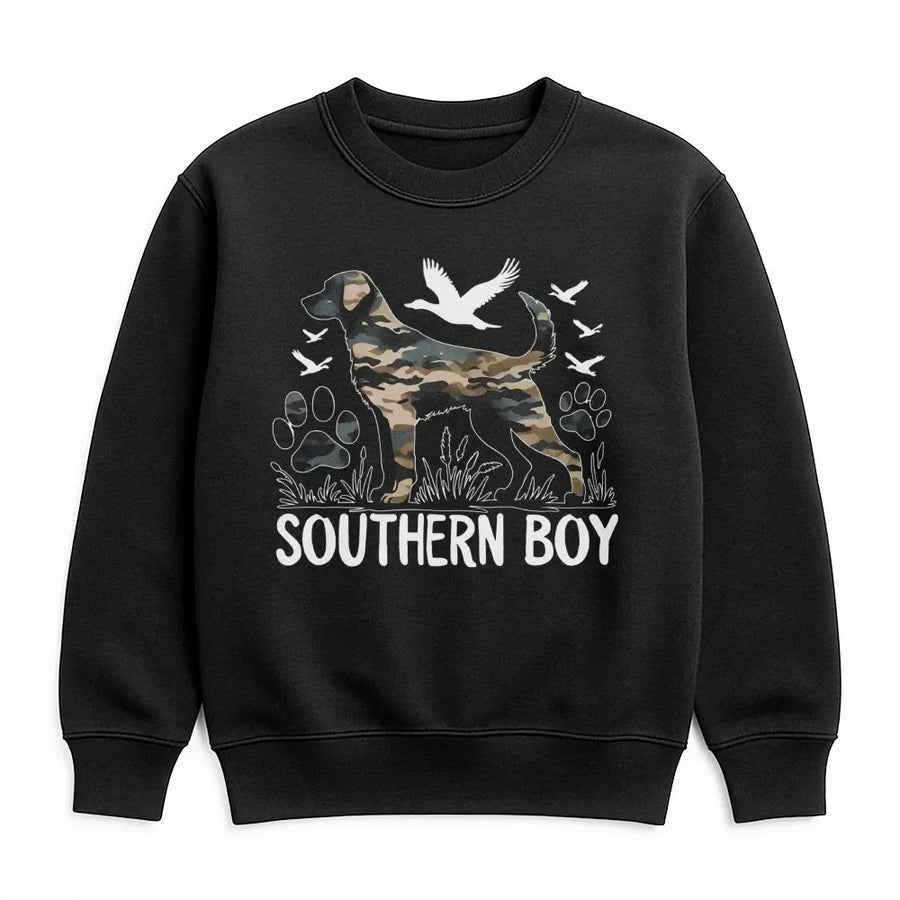 Southern Boy Dog Hunting Sweatshirt | Camo Labrador Retriever Graphic | Premium Cotton Blend | Gift for Duck Hunter and Outdoorsman