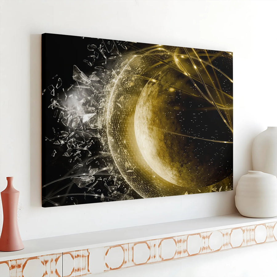 Abstract Planet Canvas Art | Shattered Sphere with Golden Grid | Premium Gallery-Wrapped Canvas | Modern Office Decor & Sci-Fi Fan Gift