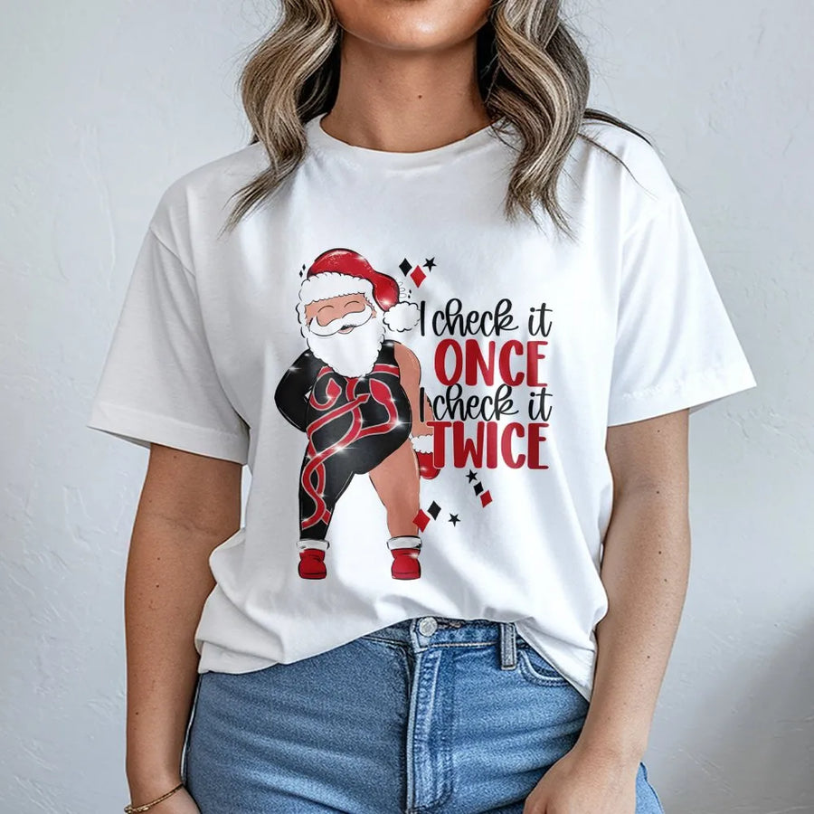 Funny Santa T-Shirt | I Check It Twice Sassy Christmas Graphic | Premium Cotton Unisex Tee | Holiday Party Gift For Women