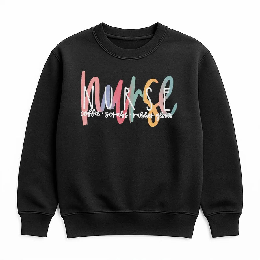 Nurse Sweatshirt | Coffee Scrubs Rubber Gloves Graphic | Premium Cotton Blend | Funny Nursing School Gift for RN LPN Students