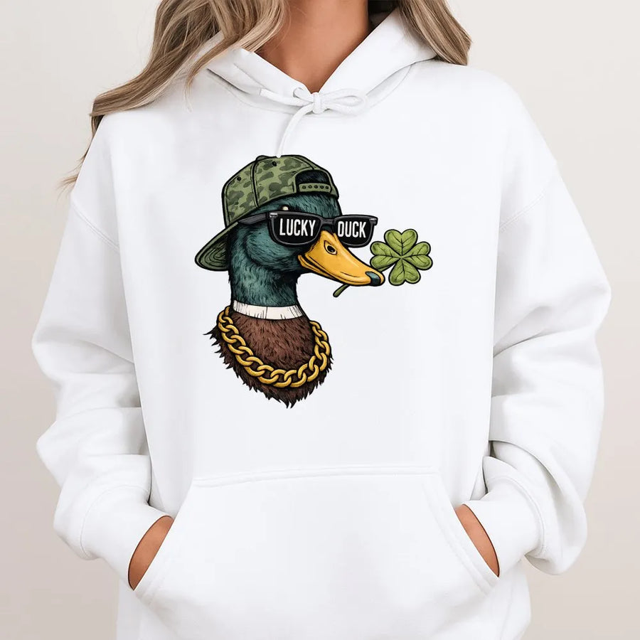 Lucky Duck St Patricks Day Hoodie | Cool Mallard in Camo Hat & Gold Chain | Soft Cotton-Blend Graphic Pullover | Funny Irish Gift for Men & Women