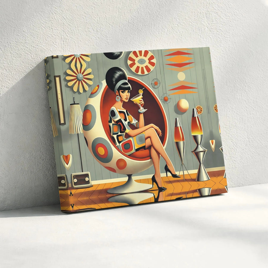 Mid-Century Modern Horizontal Canvas | Retro 1960s Atomic Era Woman in Ball Chair Art | Premium Gallery Wrap Wall Art | Cool Vintage Home Decor Gift