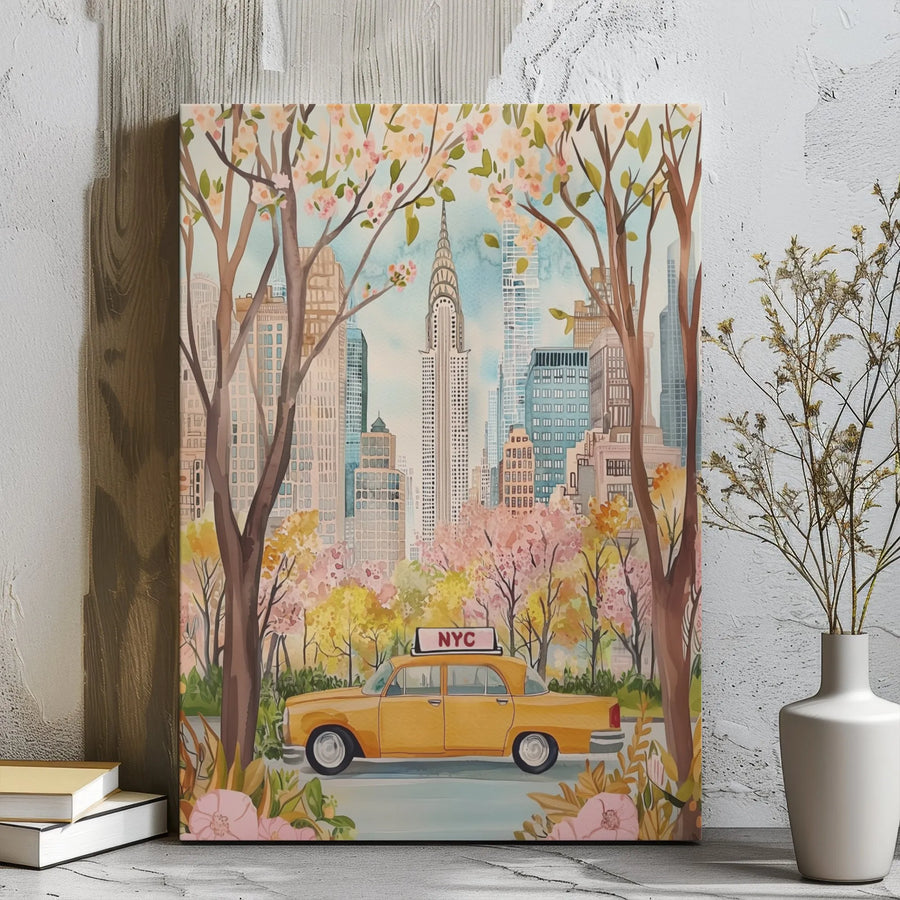 NYC Canvas Wall Art | Watercolor Chrysler Building & Yellow Taxi | Premium Gallery Wrap Print | New York City Home Office Decor Gift