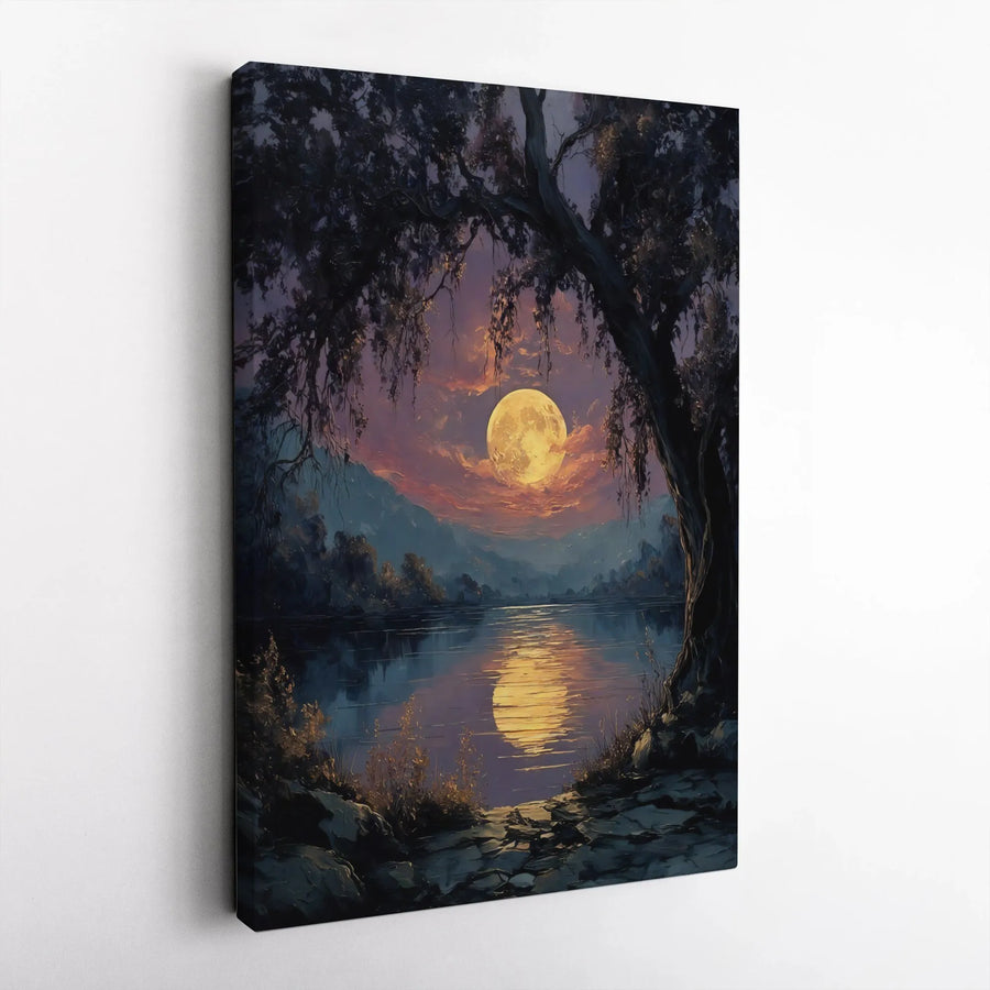 Full Moon Lake Canvas Wall Art | Impressionist Nightscape Painting | Premium Gallery Quality Canvas | Bedroom & Living Room Decor Gift
