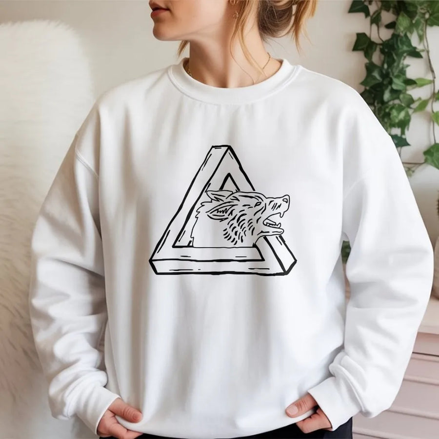 Geometric Wolf Sweatshirt | Impossible Triangle Optical Illusion Art | Soft Cotton Blend Sweatshirt | Gift for Wildlife Lovers, Unisex Pullover