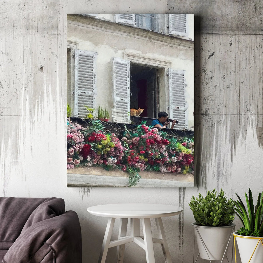 Parisian Balcony Canvas Print | Floral Window with Photographer and Cat | Gallery-Wrapped Premium Art | Aesthetic Home Decor Gift for Travel Lovers