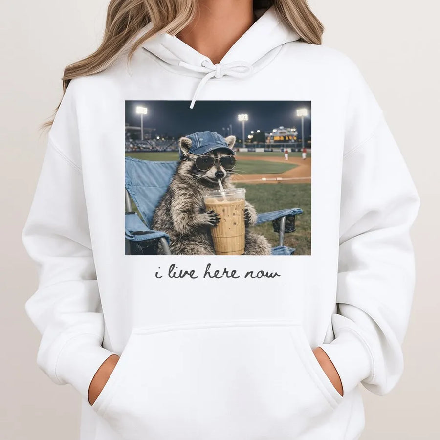 Raccoon Baseball Hoodie | Funny I Live Here Now Graphic | Premium Cotton Blend | Baseball Mom Gift for Softball Tournament Enthusiasts