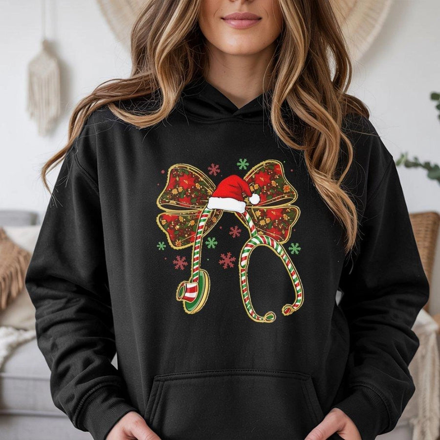 Christmas Nurse Hoodie | Stethoscope Bow Holiday Design | Soft Cotton-Poly Blend | Gift For Nurse Student RN Nursing School
