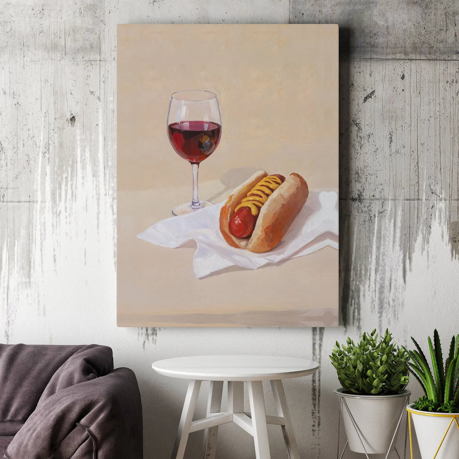 Hot Dog and Red Wine Still Life Canvas | Quirky Foodie Kitchen Art | Premium Gallery Wrapped Print | Unique Dining Room Decor Gift