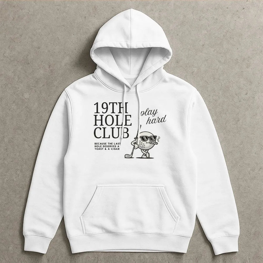 19th Hole Club Golf Hoodie | Funny Golfing Graphic with Cigar | Soft Cotton Blend Pullover | Premium Gift for Golfer
