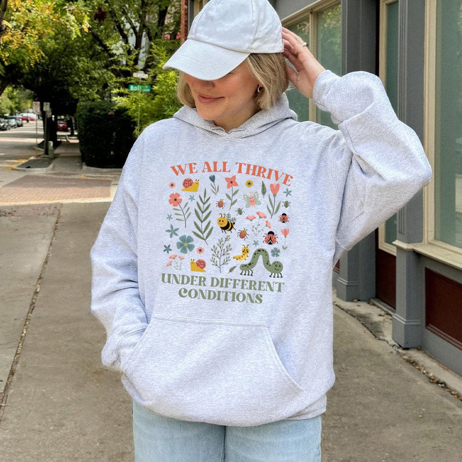 We All Thrive Hoodie | Neurodiversity Awareness Botanical Print | Premium Cotton-Blend Sweatshirt | Teacher Appreciation Gift, Inclusive Mental Health Apparel