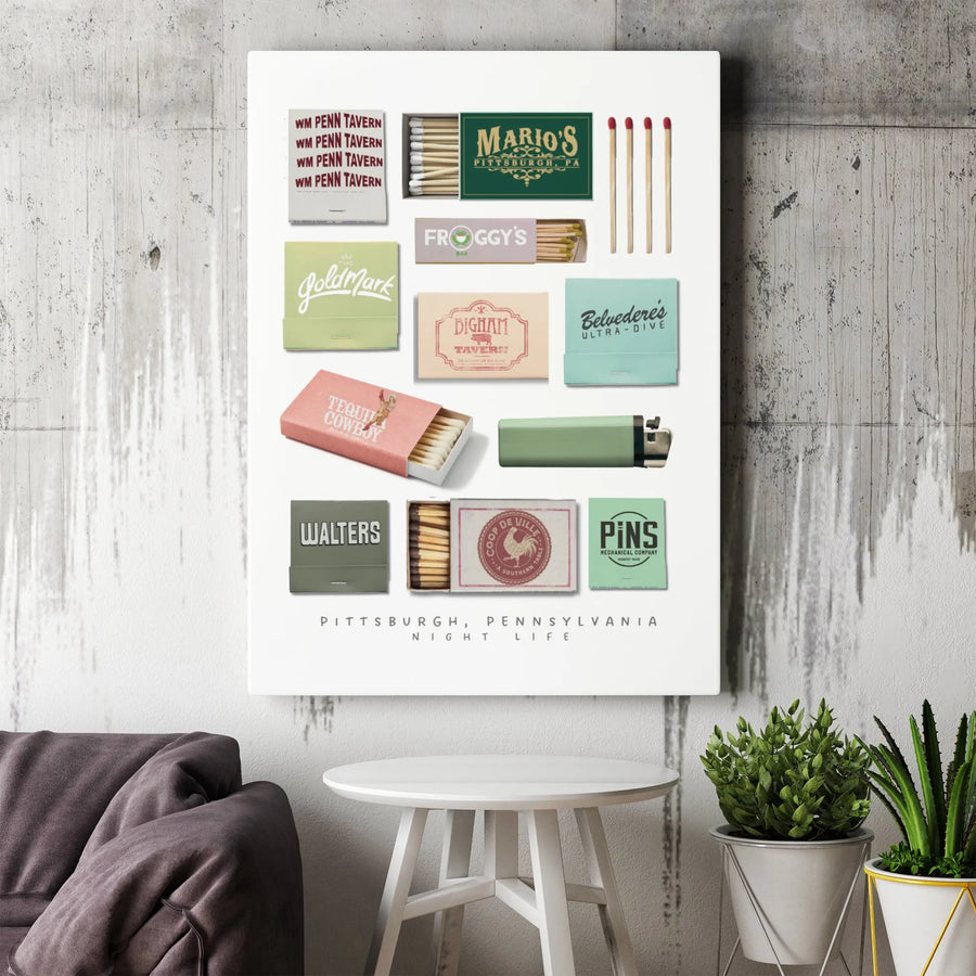 Pittsburgh Wall Art | Retro Bar Matchbook Collection Print | Premium Gallery Wrap Canvas | Unique Pennsylvania Home Decor Gift for City Lovers
