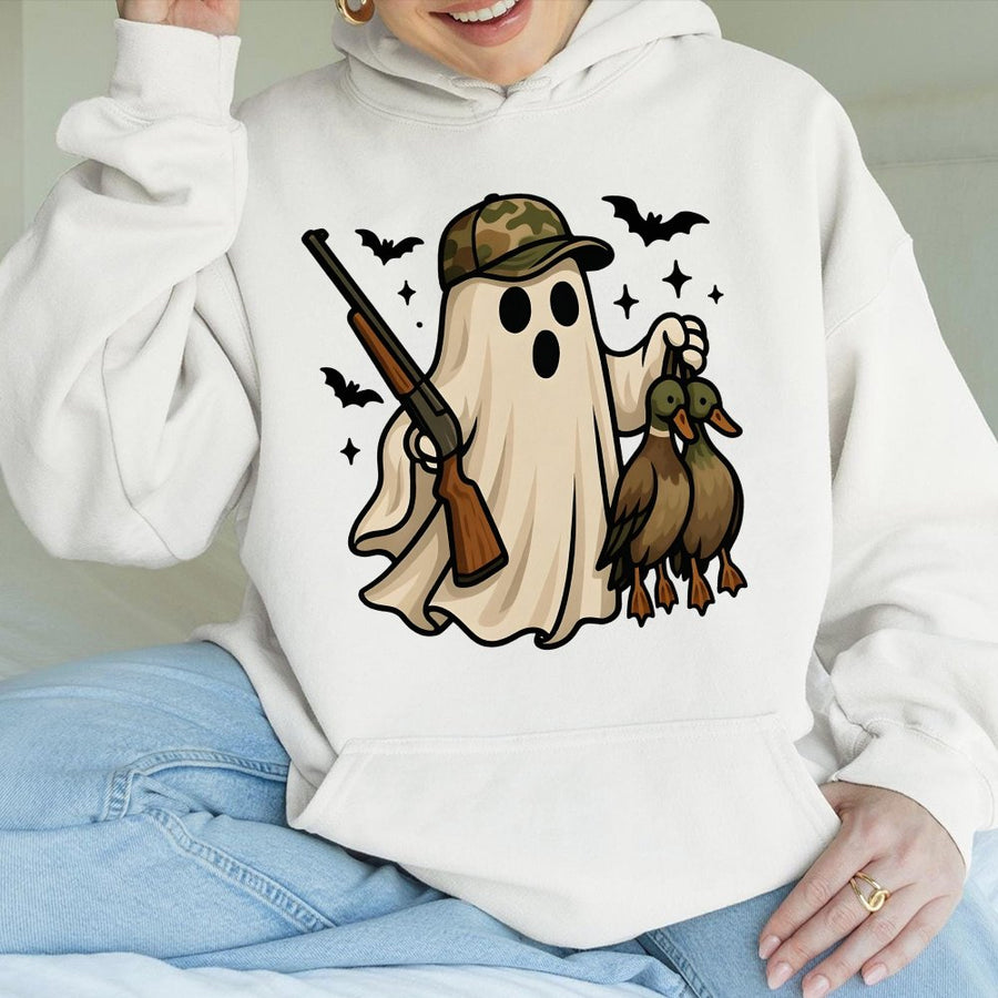 Funny Ghost Duck Hunter Hoodie | Spooky Camo Hat Ghost Graphic | Premium Cotton Blend | Halloween Gift for Hunters and Outdoorsmen