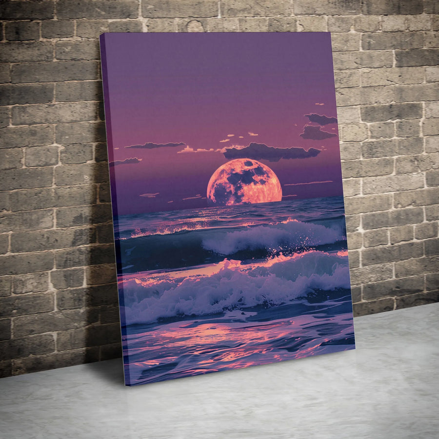 Pink Moon Ocean Canvas Wall Art | Synthwave Retro Sunset Landscape | Premium Fade-Resistant Print | Aesthetic Home Office Decor