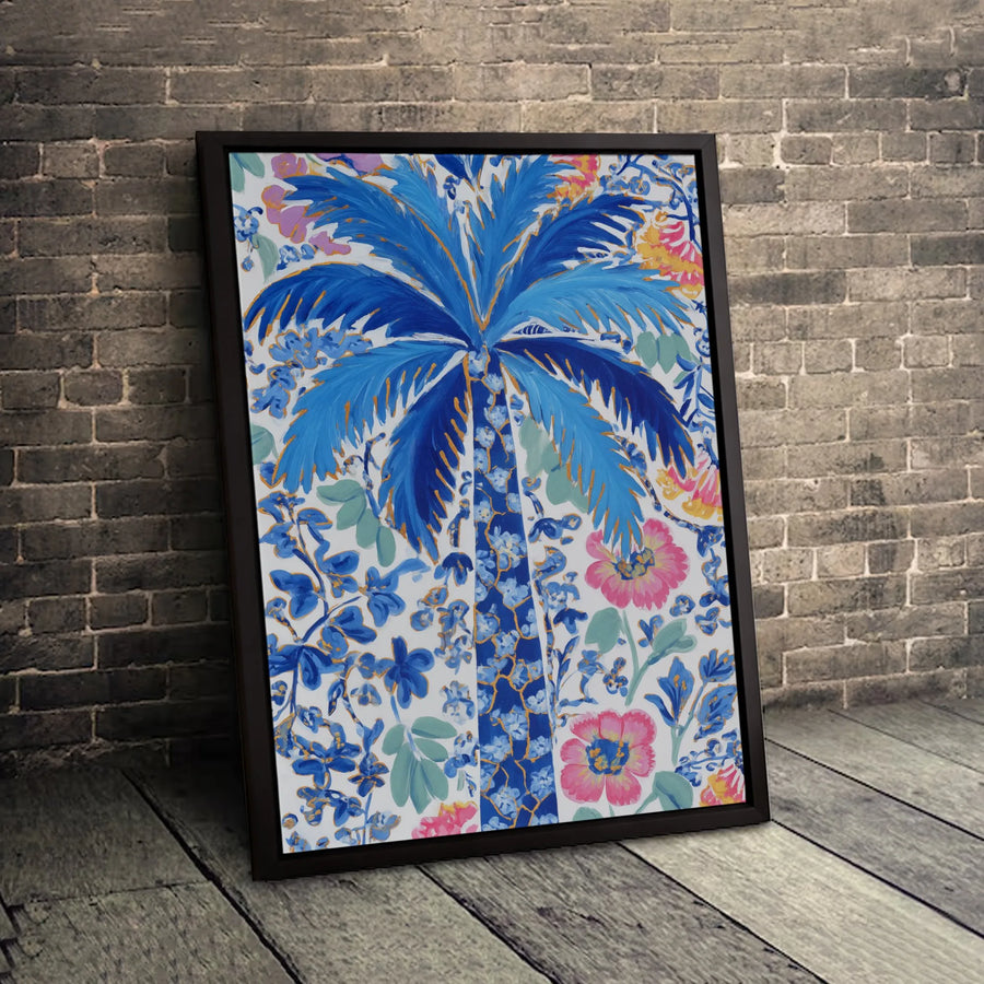 Blue Palm Tree Canvas Art | Coastal Floral Botanical Print | Premium Gallery-Wrapped Wall Decor | Tropical Living Room Gift