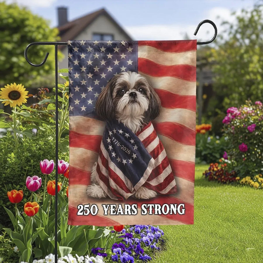Shih Tzu American Flag Garden Flag | Patriotic 250th Anniversary Dog Art | Weather-Resistant Double Sided Print | Gift for Shih Tzu Owners & Yard Decor