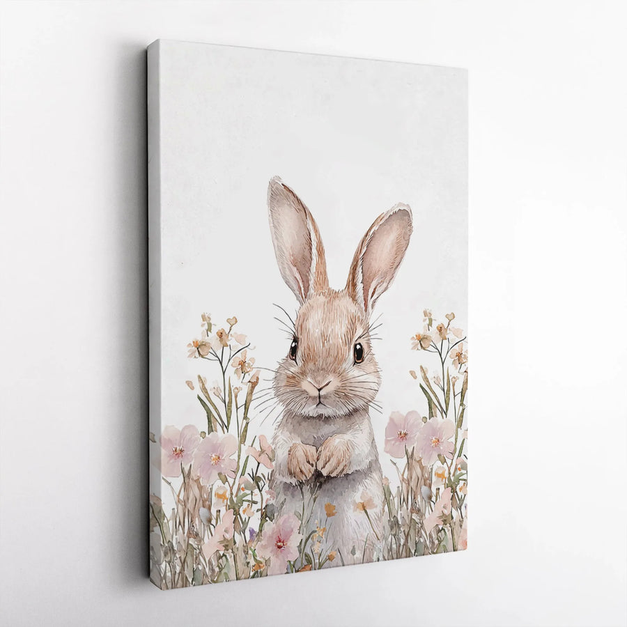 Watercolor Bunny Canvas Print | Cute Rabbit Wall Art with Pink Wildflowers | Premium Gallery Wrap Decor | Nursery & Spring Home Decor Gift