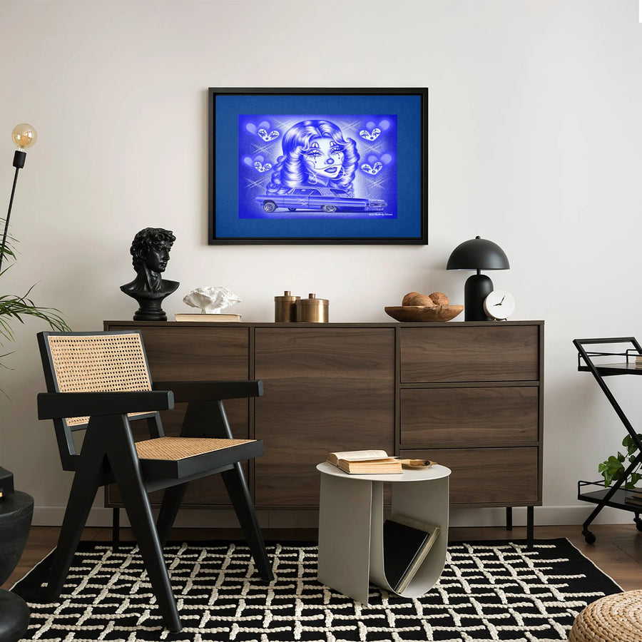 Chicana Payasa Canvas Art | Blue Lowrider Clown Girl with Hearts | Premium Gallery Wrap Wall Decor | Edgy Urban Aesthetic Chicano Gift