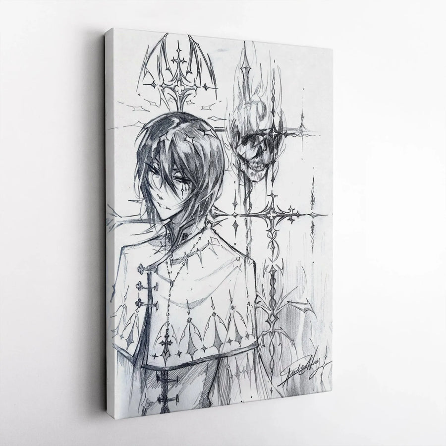 Gothic Anime Canvas Print | Dark Fantasy Sketch with Crowned Skull | Premium Gallery-Wrapped Wall Art | Emo Aesthetic Home Decor Gift for Him