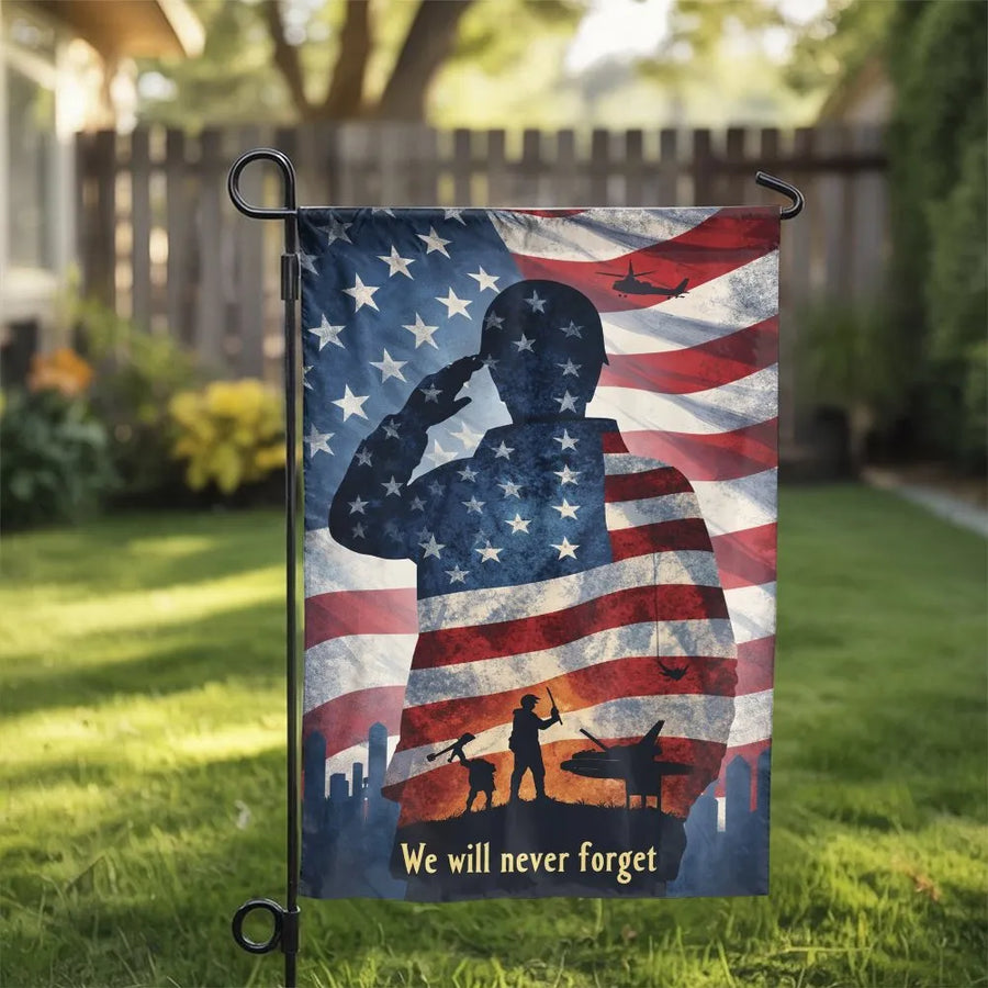 Patriotic Soldier Garden Flag | American Flag We Will Never Forget Design | Double Sided Polyester | Memorial Day Gift for Veteran Family