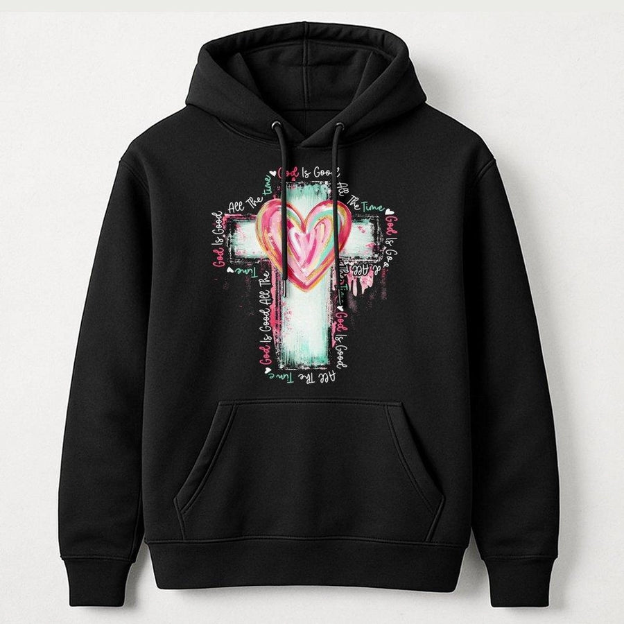 God Is Good All The Time Hoodie | Watercolor Cross Heart Design | Premium Cotton Blend | Christian Faith Gift For Women And Men