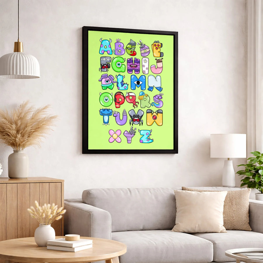 Monster Alphabet Wall Art | Cute Cartoon Letter Print | Premium Gallery-Wrapped Canvas | Educational Nursery or Kids Room Decor Gift