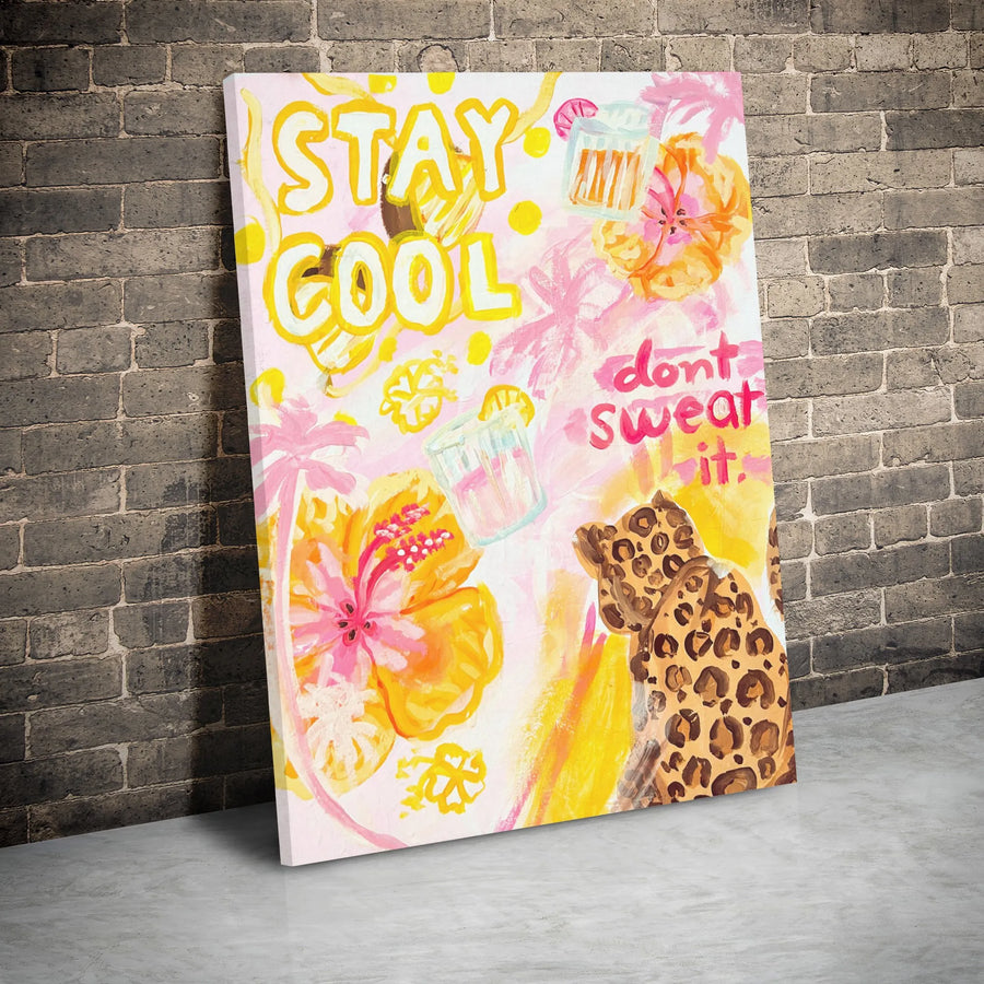 Stay Cool Don't Sweat It Canvas Wall Art | Tropical Hibiscus & Leopard Print Design | Premium Gallery Wrap Wooden Frame | Vibrant Summer Home Decor Gift