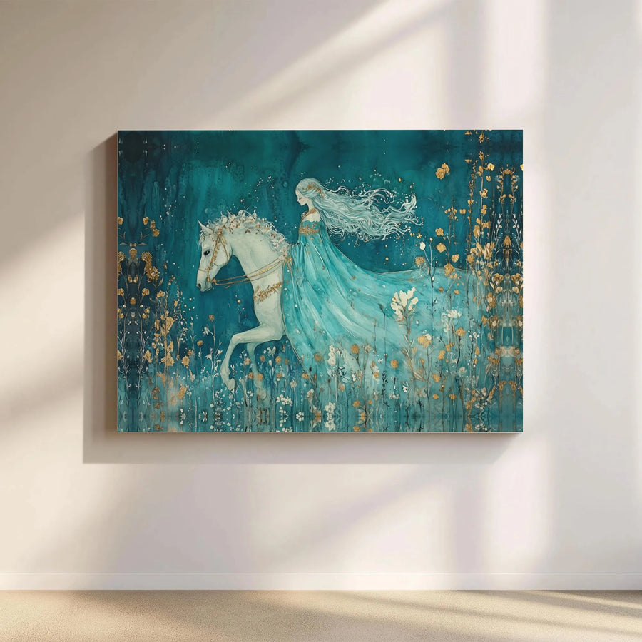 Fantasy Horse Wall Art | Elegant Woman In Turquoise Gown Canvas Print | 1.25 Inch Gallery Wrap | Fairytale Home Decor Gift