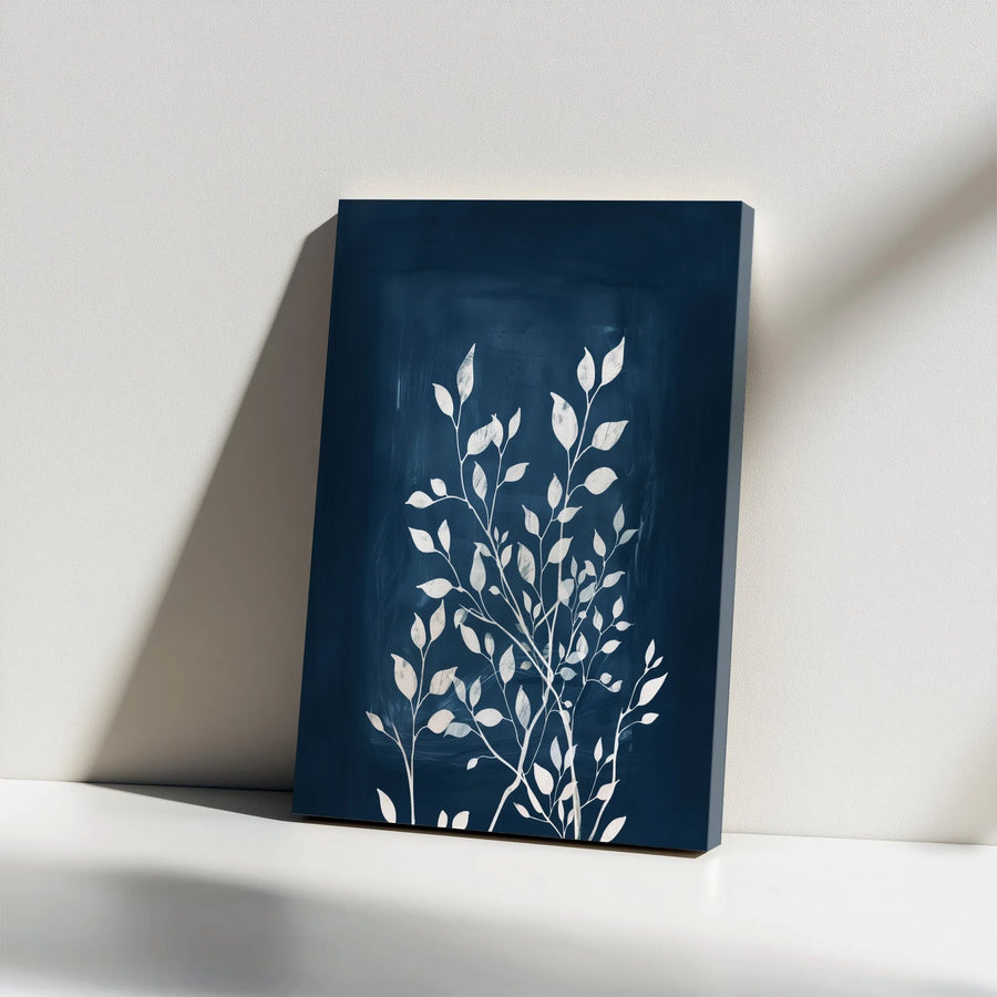 Navy Blue Botanical Canvas Wall Art | Minimalist White Leaf Silhouette | Premium Gallery Canvas Print | Modern Home Decor Gift