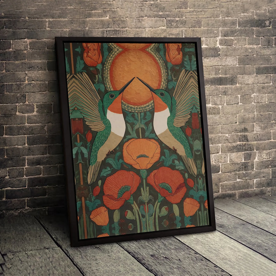 Hummingbird Art Nouveau Canvas | Floral Poppy Garden Illustration | Premium Fade-Resistant Wall Decor | Gift for Bird Lovers & Nature Enthusiasts