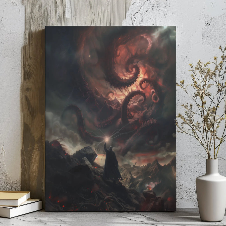 Dark Fantasy Wall Art | Eldritch Horror Tentacle Monster Battle | Gallery Wrap Canvas Print | Gothic Home Decor Gift for Gamers