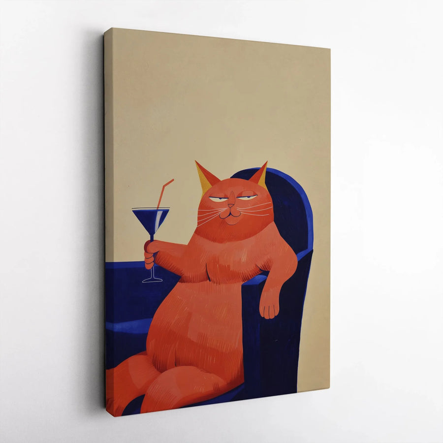 Smug Orange Cat Wall Art | Funny Cocktail Drinking Cat Illustration | Premium Gallery Wrapped Canvas | Quirky Home Decor Gift for Cat Lovers