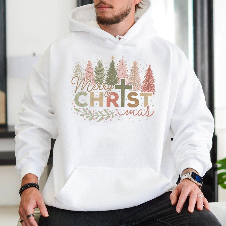 Merry Christ-mas Hoodie | Religious Cross Christmas Tree Graphic | Soft Cotton-Blend Unisex Pullover | Christian Holiday Gift for Women & Men