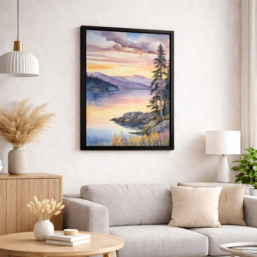 Mountain Lake Canvas Print | Watercolor Sunset Landscape with Pine Trees | Premium Gallery-Wrapped Wall Art | Nature Lover Home Decor Gift