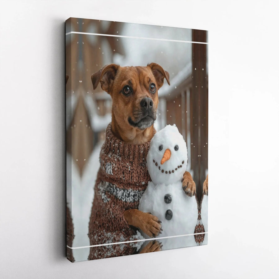 Dog Hugging Snowman Canvas Print | Winter Wonderland Pet Wall Art | 1.25-Inch Gallery Wrap | Cozy Holiday Home Decor Gift