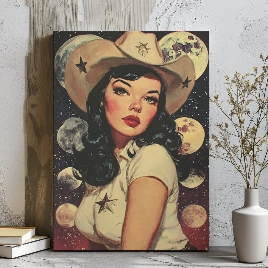 Cosmic Space Cowgirl Canvas Art | Retro Western Pinup Wall Decor | Premium 1.25 Inch Gallery Wrap | Aesthetic Bedroom Gift for Her