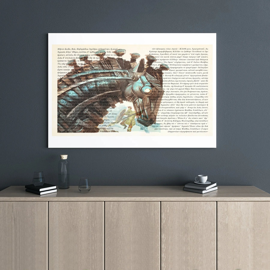 Greek Mythology Wall Art | Homer's Iliad Text with Sci-Fi Robot and Hoplite | Premium Gallery Wrap Canvas | Unique History Gift for Office Decor