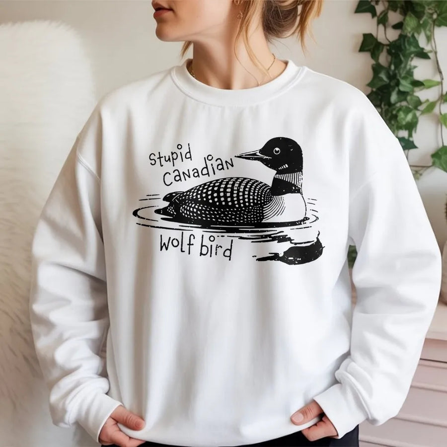 Stupid Canadian Wolf Bird Sweatshirt | Funny Loon Nature Lover Apparel | Soft Cotton Blend | Unique Gift for Hockey Romance Readers