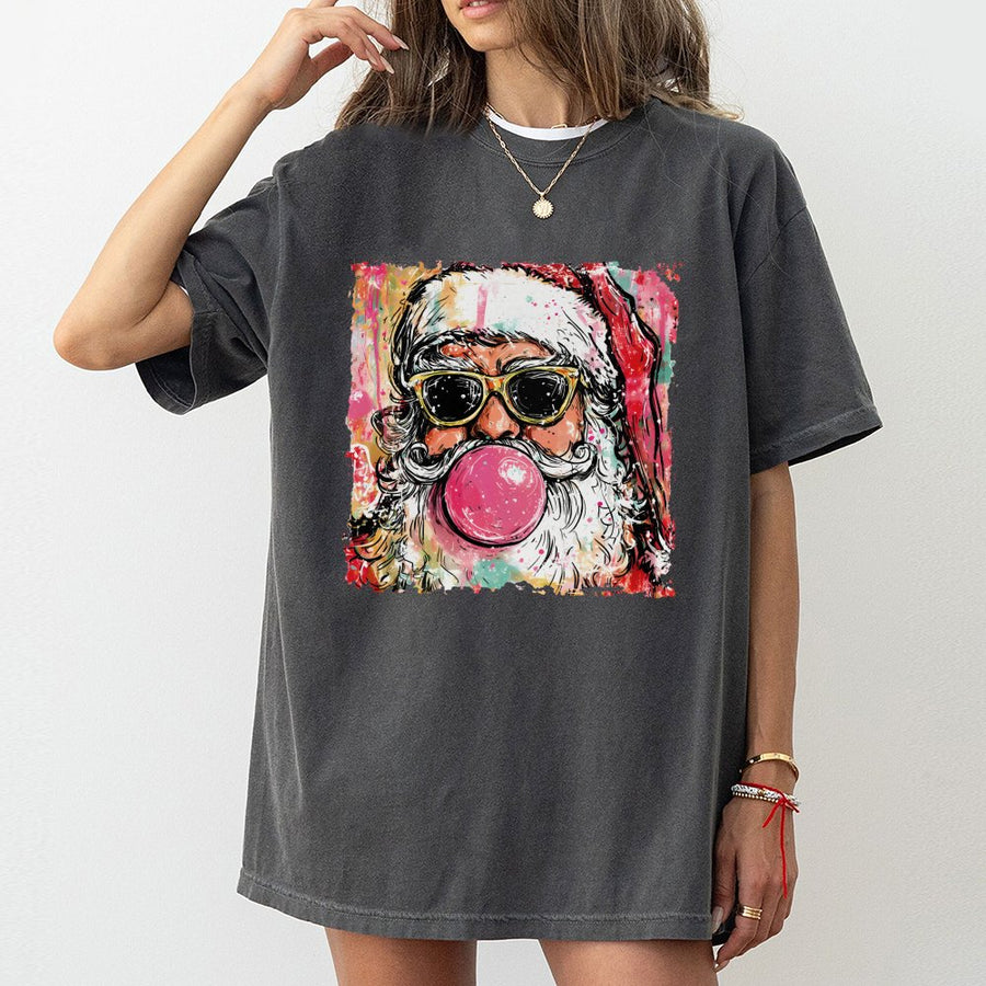 Cool Santa Bubble Gum T-Shirt | Retro Christmas Graphic Art | 100% Cotton Premium Tee | Funny Holiday Gift for Women and Men