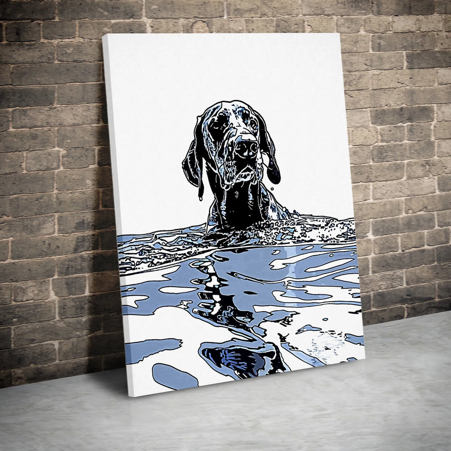 Pop Art Weimaraner Vertical Canvas | Modern Comic Style Swimming Dog | Premium Gallery Wrapped Print | Gift for Dog Lover & Home Decor